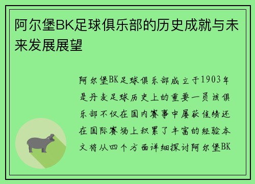 阿尔堡BK足球俱乐部的历史成就与未来发展展望