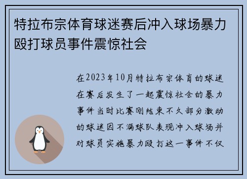特拉布宗体育球迷赛后冲入球场暴力殴打球员事件震惊社会